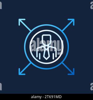 Ein Mann im Kreis mit Pfeilen umrahmt ein kreatives Symbol. Vector Mission oder Human Resources Concept dünne Linie auf dunklem Hintergrund Stock Vektor