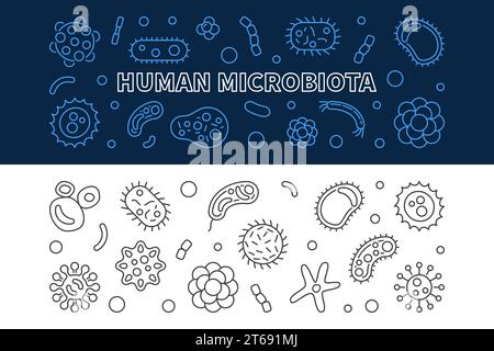Horizontales Banner-Set für menschliche Mikrobiota. Illustration des Vektorkonzepts in dünner Linienart Stock Vektor