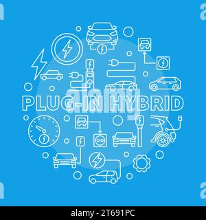 Plug-in Hybrid-runder Vektor-Illustration in dünner Linie auf dunklem Hintergrund Stock Vektor