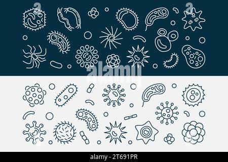 Bakterien, Viren und Pilze horizontale Banner - Vektorillustration in dünner Linienart Stock Vektor