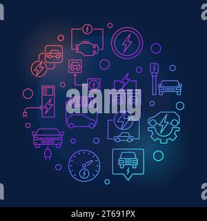 Plug-in EV Runde Vektor Moderne Illustration mit Elektroauto Kontur Konzept Symbole auf dunklem Hintergrund Stock Vektor