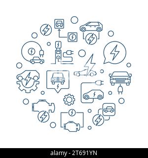 Runder Vektor-Illustration des Elektroautos mit EV und Umrisssymbolen der Ladestation auf weißem Hintergrund Stock Vektor