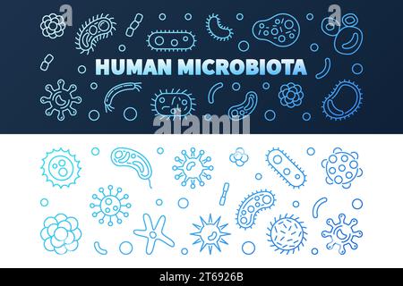 Set mit 2 blauen horizontalen Bannern für menschliche Mikrobiota. Vektorfarbene Konzeptabbildung in dünner Linie Stock Vektor