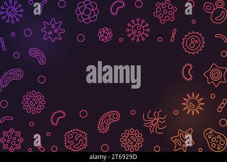 Bakterium-Mikrobiologie Heller horizontaler Rahmen mit leerem Platz für Text. Abbildung der Bakterienvektorumrisse auf dunklem Hintergrund Stock Vektor