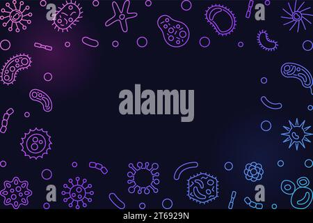 Bakterien kreativer horizontaler Hintergrund mit Platz für Ihren Text. Vektormikrobiologie farbige Illustration oder Rahmen in dünner Linie Stock Vektor