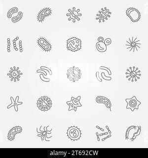 Symbole für Bakterienumrisse. Mikroben- und Viruskonzeptsymbole im dünnen Linienstil Stock Vektor