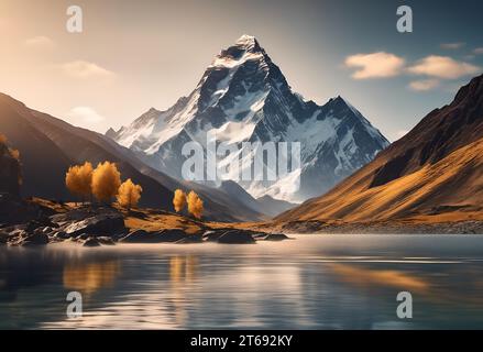 Ein Luftbild einer majestätischen Bergkette mit einem Sonnenstrahl, der die Landschaft von hinten beleuchtet Stockfoto