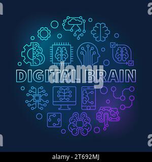 Digitales Gehirn runde blaue Vektorillustration. KI und maschinelles Lernen umreißen Symbole in kreisförmiger Form auf dunklem Hintergrund Stock Vektor