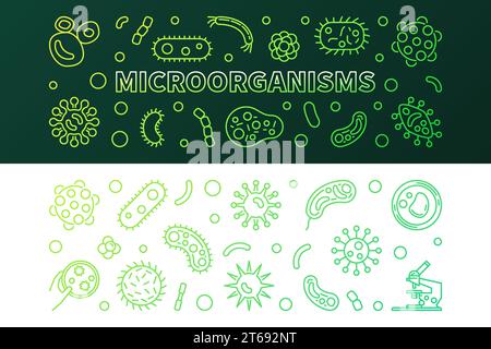 Mikroorganismen grün moderne Umrissbanner Set. Illustration der Vektormikrobiologie mit linearen Symbolen für Bakterien und Erreger Stock Vektor