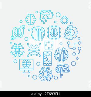 Runder Vektor-blaue Illustration des digitalen Gehirns. Maschinelles Lernen und KI umreißen Symbole in kreisförmiger Form auf weißem Hintergrund Stock Vektor