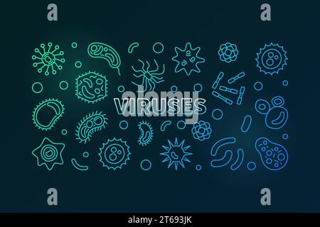 Viren farbiges horizontales Banner. Vektorkonzept Virus oder Pathogen helle Illustration in dünner Linie Stil auf dunklem Hintergrund Stock Vektor