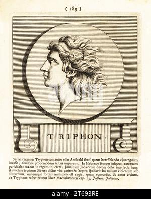 Diodot Tryphon, Tryphon Autokrator oder Trypho, Tyrannenkönig von Syrien ab 142138 v. Chr. König des hellenistischen Seleukidenreiches. Führte 144 v. Chr. eine Revolte gegen Alexanders Nachfolger Demetrius II. Nicator. Er ermordete Antiochus VI. Und nahm 142 v. Chr. den Thron an. Kupferstich von Pieter Bodart (1676–1712) aus Henricus spoors Deorum et Heroum, Virorum et Mulierum Illustrium imagines Antiquae Illustatae, Götter und Helden, Männer und Frauen, illustriert mit antiken Bildern, Petrum, Amsterdam, 1715. Erstmals 1707 als Favissæ utriusque antiquitatis tam Romanæ quam Græcæ veröffentlicht. Henricus Spoor war ein Stockfoto