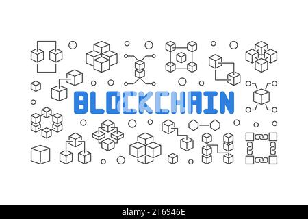 Banner mit minimaler Kontur für Blockchain-Technologie. Vektordarstellung in dünner Linienart Stock Vektor