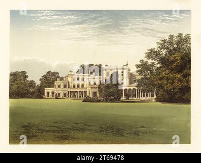 Danesfield House, Buckinghamshire, England. Haus im neoklassizistischen georgianischen Stil, erbaut 1800 von Robert Scott, mit Kapelle, entworfen von Augustus Pugin. Sitz von Charles Robert Scott-Murray, Abgeordneter. Farbholzblock von Benjamin Fawcett im Baxter-Prozess einer Illustration von Alexander Francis Lydon von Reverend Francis Orpen Morriss Eine Reihe malerischer Ansichten der Sitze von Adligen und Gentlemen von Großbritannien und Irland, William Mackenzie, London, 1880. Stockfoto