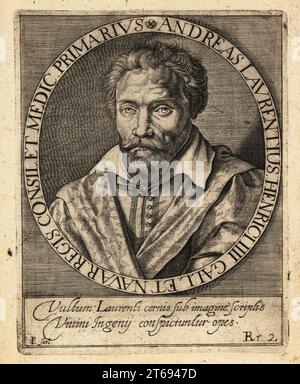Andre du Laurens, französischer Arzt von König Heinrich IV., 1558–1609. Andreas Lavrentius, Henrici IIII Gall et Navar Regis Consilet Medicus Primarius. Kupferstich von Johann Theodore de Bry aus Jean-Jacques Boissards Bibliotheca Chalcographica, Johann Ammonius, Frankfurt, 1650. Stockfoto
