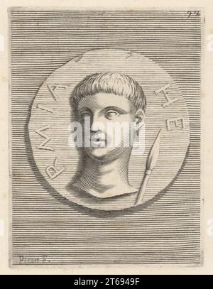 Hermine von Atarneus, griechischer Eunuch Sklave des Eubulus, eines bithynischen Bankiers, der Atarneus regierte. Später wurde er Tyrann von Atarneus. Schwiegervater von Aristoteles, der seine Tochter Pythias heiratete. Aus einem Sardenyx-Juwel. Hermia. Kupferstich von Etienne Picart nach Giovanni Angelo Canini aus Iconografia, cioe disegni d'imagini de famosissimi monarchi, regi, filososi, poeti ed oratori dell' Antichita, Zeichnungen von Bildern berühmter Monarchen, Könige, Philosophen, Dichter und Redner der Antike, Ignatio deLazari, Rom, 1699. Stockfoto