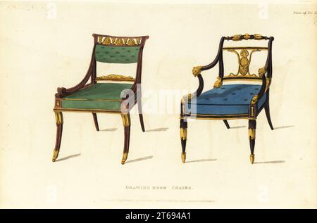 Sessel im Salon, 1814. Palisander mit vergoldeten Ornamenten mit Sitz und Rücken 1, schwarz mit goldenen Ornamenten und einem Rohrsitz mit Kissen 2. Handkolorierter Kupferstich aus dem Upholsterer's and Cabinet-Maker's Repository, bestehend aus sechsundsiebzig Entwürfen moderner und modischer Möbel, Rudolph Ackermann, London, 1830. Stockfoto