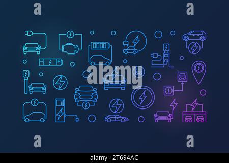 Farbiges horizontales Banner für Elektroautos. Vektorillustration mit Umrisssymbolen für Elektroautos auf dunklem Hintergrund Stock Vektor