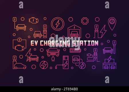 Vektorumriss der EV-Ladestation farbenfrohe Abbildung. Horizontales Banner für das Ladekonzept eines Elektrofahrzeugs auf dunklem Hintergrund Stock Vektor