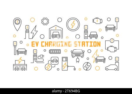 Vektordarstellung der EV-Ladestation in dünner Linie. Horizontales Banner für Ladekonzept für Elektrofahrzeuge Stock Vektor