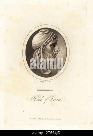 Profilbüste von Priam, König von Troja. Während des Trojanischen Krieges. Er trägt eine phrygische Mütze. Leiter von Priam. Aus einem Juwel im Besitz des Herzogs von Devonshire. Kupferstich gezeichnet und gestochen von Richard Dagley aus Gems, Selected from the Antique, mit Illustrationen, John Murray, London, 1804. Stockfoto