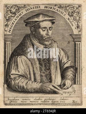 Adriaen de Jonghe, niederländischer Arzt, klassischer Gelehrter, Übersetzer, Lexikograf, Antiquar, Historiograf, Emblematiker, Schulrektor und lateinischer Dichter 1511-1575. Hadrianus Junius Hornanus Medicus. Kupferstich von Johann Theodore de Bry aus Jean-Jacques Boissards Bibliotheca Chalcographica, Johann Ammonius, Frankfurt, 1650. Stockfoto