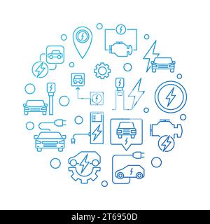 Blaue Illustration des runden Vektors des Elektrofahrzeugs in dünner Linie auf weißem Hintergrund Stock Vektor