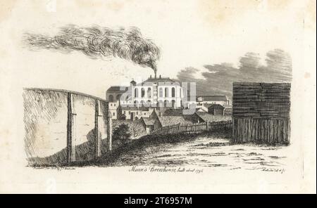 Blick auf Henry Meux's Porter Brewhouse, erbaut um 1796. Das Hotel liegt an der Liquor-Pond Street, Clerkenwell, es war bekannt als die Griffin Brauerei. Rauch steigt aus einem zentralen Schornstein, und große Bottiche stehen im Vordergrund. Kupferstich gezeichnet und gestochen von James Peller Malcolm aus seinen Anekdoten der Manners and Customs of London im 18. Jahrhundert, Longman, Hurst, London, 1808. Malcolm (1767-1815) war ein amerikanisch-englischer Topograph und Kupferstecher, Fellow der Society of Antiquaries. Stockfoto