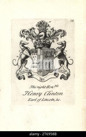 Wappen und Wappen des rechten ehrenwerten Henry Clinton, 7th Earl of Lincoln, 1684-1728. Kupferstich von Andrew Johnston nach C. Gardiner aus der Notitia Anglicana, Die Ihre Leistungen des gesamten englischen Adels Andrew Johnson, The Strand, London, 1724 Ablegte. Stockfoto