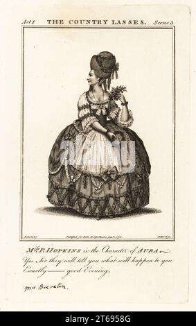 Miss Priscilla Hopkins in der Figur der Aura in Charles Johnsons die Landbrille. In London spielte sie jedoch nicht. Priscilla Hopkins, 1756–1845, war eine englische Schauspielerin, die 1777 den Schauspieler William Brereton und 1787 John Philip Kemble heiratete. Kupferstich von R. Pollard nach einer Illustration von James Roberts vom Bells British Theatre, bestehend aus den angesehensten englischen Theaterstücken, John Bell, London, 1778. Stockfoto