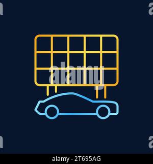 Blaues Elektroauto mit goldenem Solarpanel Vektorkonzept Umrisssymbol oder Logo auf dunklem Hintergrund Stock Vektor
