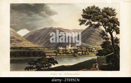 Blick auf Interlaken, Schweizer Stadt und Gemeinde, Kanton Bern, Berner Hochland, Schweiz. Handkolorierter Kupferstich nach Gabriel Lory aus Rudolph Ackermanns Repository of Arts, Literature, Fashions, Manufakturen usw., Strand, London, 1822. Stockfoto