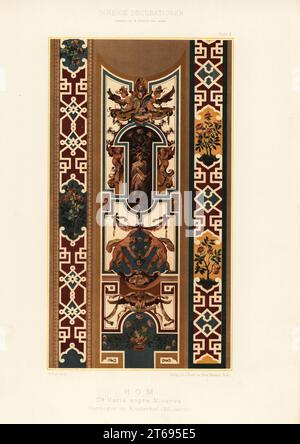 Dekoriertes Backsteingewölbe im Klosterhof in der Kirche St. Maria über Minerva, 16. Jahrhundert, Rom. Rom. STA Maria sopra Minerva. Gurtbogen im Klosterhof, XVI Jahrh. Chromolithographie nach einer Illustration von A. Kips aus Ernst Ewalds Farbige decorationen Alter und Never Zeit, Ernst Wasmuth, Berlin, 1889. Stockfoto