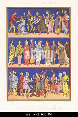 Verschiedene französische Trachten, 12. Und 13. Jahrhundert. König und Königin, Ritter, Adlige und Frauen, Arbeiter und Bauern. Nach Manuskripten und Buntglasfenstern. Kostüme Taucher 1, France, XIIe und XIIIe Siecles. Chromolithographie von A. Achintre nach Ferdinand Sere aus Charles Louandres Les Arts Somptuaires, The Sumptuary Arts, Hangard-Mauge, Paris, 1858. Stockfoto