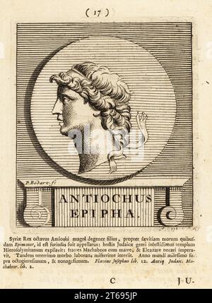 Antiochus IV. Epiphanes (genannt Epimanes, der Wahnsinnige), um 215-164 v. Chr., hellenistischer König des Seleukidenreiches. Bekannt für seine Verfolgung der Juden von Judäa und Samaria. Antiochus Epipha. Kupferstich von Pieter Bodart (1676–1712) aus Henricus spoors Deorum et Heroum, Virorum et Mulierum Illustrium imagines Antiquae Illustatae, Götter und Helden, Männer und Frauen, illustriert mit antiken Bildern, Petrum, Amsterdam, 1715. Erstmals 1707 als Favissæ utriusque antiquitatis tam Romanæ quam Græcæ veröffentlicht. Henricus Spoor war ein niederländischer Arzt, klassischer Gelehrter, Dichter und Schriftsteller. 1694-1716. Stockfoto