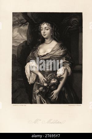 Mrs. Jane Middleton, Tochter von Sir Roger Needham, eine Frau von exquisiter Schönheit sagt Granger, starb um 1685. Dargestellt mit einer Fülle von Früchten. Stahlstich von Thomas Wright nach einem Porträt von Sir Peter Lely von Mrs Anna Jamesons Memoirs of the Beauties of the Court of King Charles the Second, Henry Coburn, London, 1838. Stockfoto