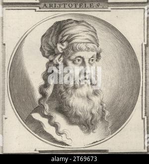 Aristoteles, griechischer Philosoph und Polymath, 384-322 v. Chr. Aristoteles. Kupferstich von Bartholomaus Kilian nach einer Illustration von Joachim von Sandrart aus seiner LAcademia Todesca, della Architectura, Scultura & Pittura, oder Teutsche Academie, der Edlen Bau- Bild- und Mahlerey-Kunste, Deutsche Akademie für Architektur, Skulptur und Malerei, Jacob von Sandrart, Nürnberg, 1675. Stockfoto