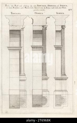 Profile von Säulen der toskanischen, dorischen und ionischen Ordnung. Toscana, Dorica, Ionica. Kopiert aus Abraham Bosses Traité des manières de Dessiner. Kupferstich von Johann Franck aus Joachim von Sandrarts LAcademia Todesca, della Architectura, Scultura & Pittura, oder Teutsche Academie, der Edlen Bau- Bild- und Mahlerey-Kunste, Deutsche Akademie für Architektur, Skulptur und Malerei, Jacob von Sandrart, Nürnberg, 1675. Stockfoto