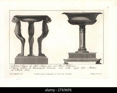 Antiker Stativbecher oder tazza, lateinischer Stil, im Vatikanischen Museum 1, und antiker Becher aus Paonazzetto-Marmor aus dem Orti Mattei, Gärten von Mattei, Montecelio 2. Kupferstich von Pietro Ruga nach einer Illustration von Lorenzo Rocceggiani aus eigenen 100 Tafeln mit religiösen, zivilen und militärischen Kostümen der alten Ägypter, Etrusker, Griechen und Römer, Franzetti, Rom, 1802. Stockfoto