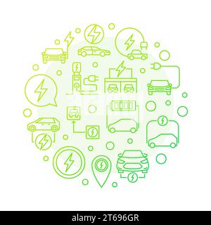 Rundes grünes Umrissbild für vollelektrisches Auto. Vektor-EV und kreatives Elektroauto-Symbol in dünner Linie auf weißem Hintergrund Stock Vektor