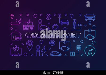 Farbige lineare Abbildung des Ladepunkts – horizontales Banner des Vektor-EV-Ladepunktes auf dunklem Hintergrund Stock Vektor