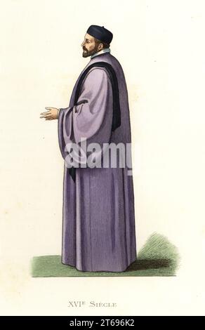 Kostüm eines edlen Venezianerin, 16th. Jahrhundert. Er trägt eine lange violette Robe mit großen Ärmeln von Stola überragt. Ein Bruder von Charles Magio, dem berühmten italienischen Reisenden. Nach einer Miniatur von Paulo Veronese im Cabinet des estampes, Bibliotheque imperiale, Paris. Italie, Noble Venitien. Handkolorierte Lithographie nach einer Illustration von Edmond Lechevallier-Chevignard aus Georges Duplessis Costumes historiques des XVIe, XVIIe et XVIIIe siecles (Historische Kostüme des 16th., 17th. Und 18th. Jahrhunderts), Paris, 1867. Edmond Lechevallier-Chevignard war ein Künstler, Buchillustrator und Interior de Stockfoto