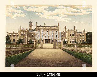 Bulwell Hall, Nottinghamshire, England. Erbaut 1770 von John Newton, Esq., und modifiziert von Samuel Thomas Cooper, Besitzer der Leeds Iron Works, und seiner Witwe Anne im 19. Jahrhundert. Farbholzblock von Benjamin Fawcett im Baxter-Prozess einer Illustration von Alexander Francis Lydon von Reverend Francis Orpen Morriss Eine Reihe malerischer Ansichten der Sitze von Adligen und Gentlemen von Großbritannien und Irland, William Mackenzie, London, 1880. Stockfoto