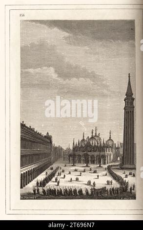 Blick auf eine Prozession auf der Piazza San Marco, Venedig, 16. Jahrhundert. Eine formelle Prozession zieht vor der Kirche San Geminiano, St. Marks Basilika und Campanile. In einem dekorativen Rahmen von H. Catenacci und Fellmann. Holzschnitt von F. Huyot nach A. Racinet nach einem Holzschnitt von Christoph Krieger aus Cesare Vecellios Kostüme Anciens et modern, Habiti antichi et moderni di tutto il mondo, Firman Didot Ferris Fils, Paris, 1859-1860. Stockfoto