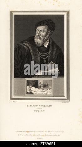 Porträt von Tizian oder Tiziano Vecello, italienischer Maler in der Renaissance, venezianische Schule aus dem 16. Jahrhundert, um 1488-1576. Medaillon zeigt Venus von Urbino. Stahlstich von John Corner nach einem Selbstporträt von Tizian aus Porträts berühmter Maler mit Medaillons ihrer besten Aufführungen, Longman, Hurst, Rees, Orme & Brown, London, 1825. Stockfoto