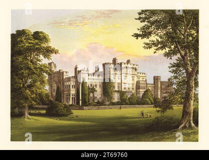 Hawarden Castle, Flintshire, Wales. Herrenhaus aus dem 18. Jahrhundert, entworfen von Samuel Turner für Sir John Glynne, renoviert in der Regency-Ära im Stil der gotischen Neuzeit von Thomas Cundy für Sir Stephen Richard Glynne, 8. Baronet. Heim von William Gladstone, Parlamentsabgeordneter, dessen Vater John Gladstone 11 Plantagen in Britisch-Guayana und Jamaika besaß (2.912 versklavt). Farbholzblock von Benjamin Fawcett im Baxter-Prozess einer Illustration von Alexander Francis Lydon von Reverend Francis Orpen Morriss malerische Ansichten der Sitze von Adligen und Herren von Großbritannien und Irland, William Stockfoto