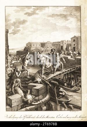 Der römische Armeeoffizier Publius Horatius Cocles verteidigte die Pons Sublicius-Brücke in Rom vor der Invasionsarmee des etruskischen Königs Lars Porsena von Clusium, 6. Jahrhundert v. Chr. Mit Spurius Larcius und Titus Herminius Aquilinus. Defense du Pont de Rome par Horatius-Cocles et deux autres Guerriers intrepides. Kupferstich von Martin Poltzel nach einem Entwurf von Gabriel de St. Aubin von Professor Joseph Rudolf Zappes Gemalde aus der romischen Geschichte, Pictures of Roman History, Joseph Schalbacher, Wien, 1800. Deutsche Ausgabe von Abbe Claude Francois Xavier Millots Abrege de lHistoire Romaine. Stockfoto