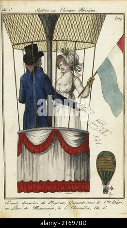 Zweite Ballonbesteigung von Dr. Andre-Jacques Garnerin mit Miss Henri im Parc Monceau, 8. Juli 1798. Seconde ascension du Physicien Garnerin avec le Citoyenne Henri au Parc de Mousseaux, le 5 Thermidor an 6. Handkolorierter Kupferstich aus Pierre de la Mesangeres Journal des Modes et Dames, Paris, 1798. Die Illustrationen in Band 1 stammen von Carle Vernet, Claude Louis Desrais und Philibert Louis Debucourt. Stockfoto