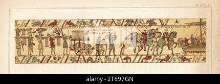 Normannische Soldaten, die Rüstungen für Kettenpost, Wagen mit Helmen, Speeren und Fässern auf Schiffe laden. Willian, Herzog der Normandie, befiehlt Soldaten und Kavallerie, an Bord zu gehen. Chromolithographie von William Mossman nach einer Illustration von Charles Stothard für die Society of Antiquaries in Rev. John Collingwood Bruces The Bayeux Tapestry elucidated, John Russell Smith, London, 1856. Stockfoto