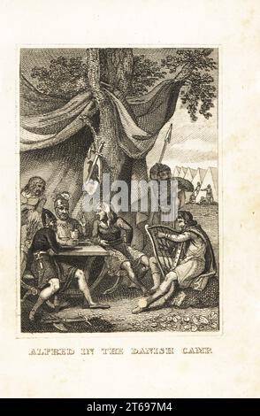 Der sächsische König Alfred der große, verkleidet als Harfe, im Lager des Wikingerhäuptlings Guthrum, 878. Alfred im dänischen Lager. Kupferstich aus M. A. Jones History of England von Julius Caesar bis George IV., G. Virtue, 26 Ivy Lane, London, 1836. Stockfoto